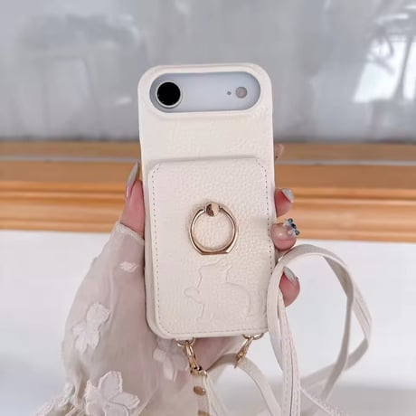 K22961 ねこモチーフ ミラー＆カードポケット付き iPhoneケース（ストラップ付き）