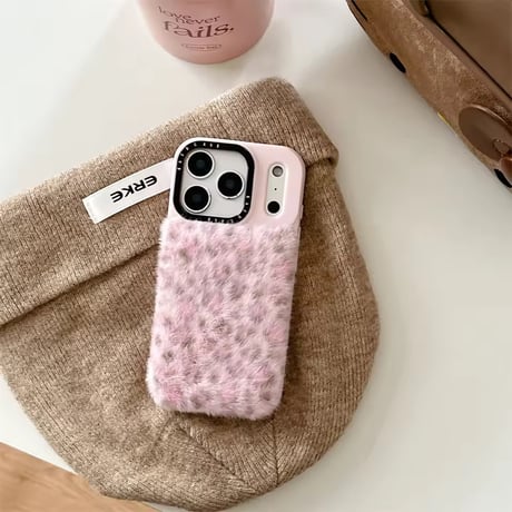 S75223 ふわもこヒョウ柄ファーiPhoneケース