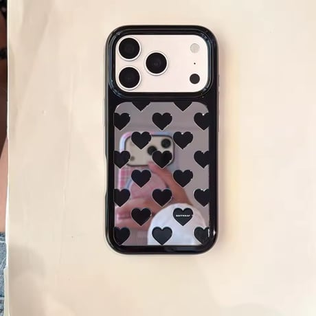 K23171 ブラックハートミラーストラップ付きiPhoneケース