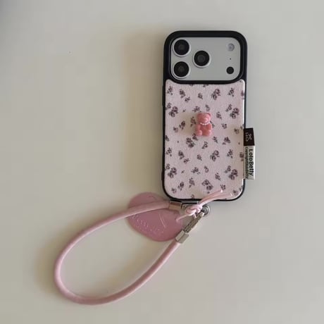 K23047 くすみ小花ベア ストラップ付きiPhoneケース
