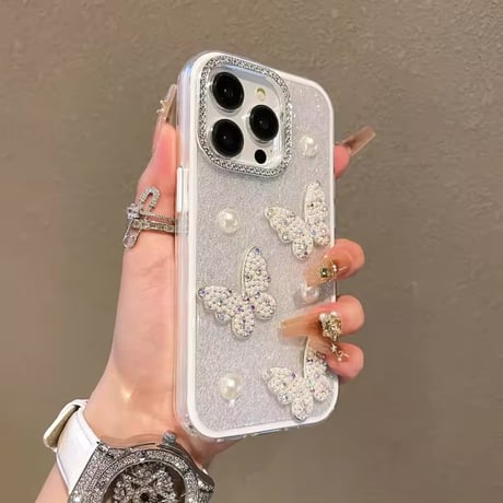 S74625 ジュエリーバタフライとパールのきらきらiPhoneケース