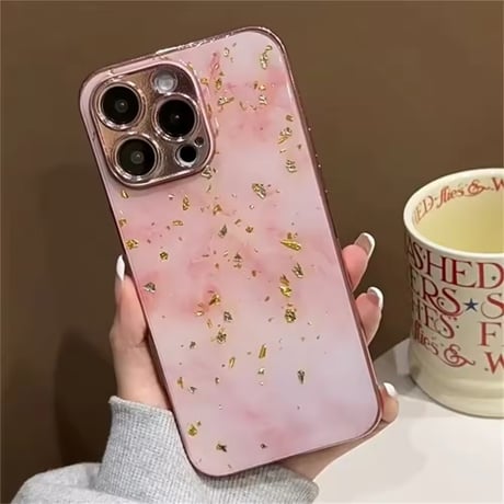 S74310 ピンクマーブル×金箔グリッターケース