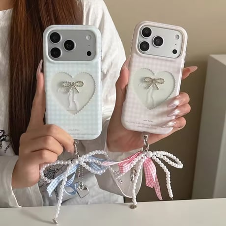 S75671 ギンガムハートリボンチャーム付き iPhoneケース