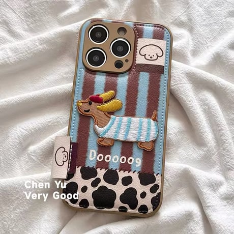 S74470 ほっこりダックスの刺繍iPhoneケース