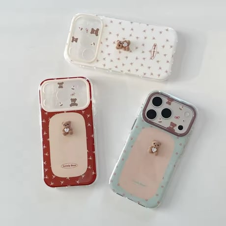K23049 くすみフラワーベアiPhoneケース（ハンドストラップ付き）