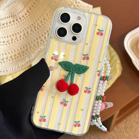 S75149 ぷちチェリー×ストライプ iPhoneケース（ビーズストラップ付き）