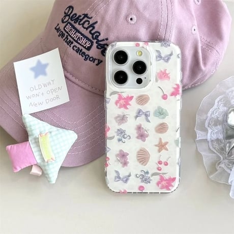 S74806 ピンク貝がらとチェリーのガーリーiPhoneケース
