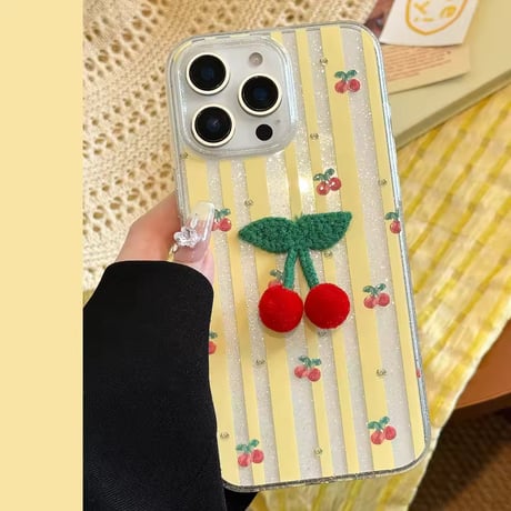 S75149 ぷちチェリー×ストライプ iPhoneケース（ビーズストラップ付き）
