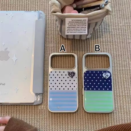 S75308 ドット×ボーダー ハートワンポイントiPhoneケース