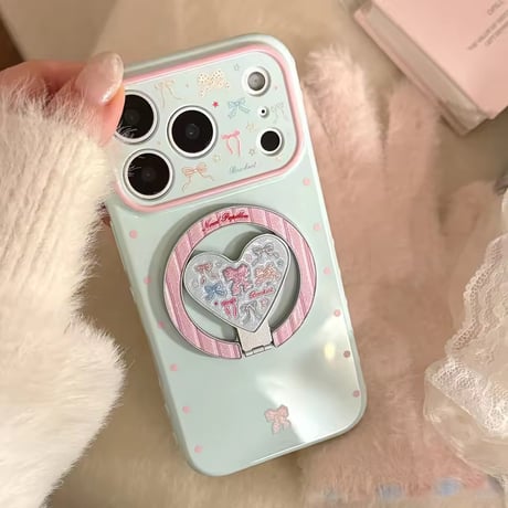 K23080 リボンハート MagSafeグリップ付きガーリーiPhoneケース