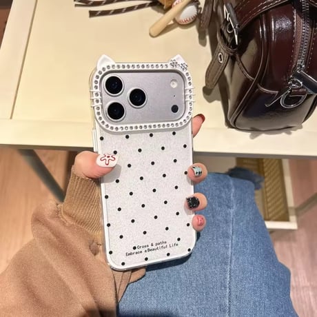 S75275 猫耳ビジューフレームドットiPhoneケース