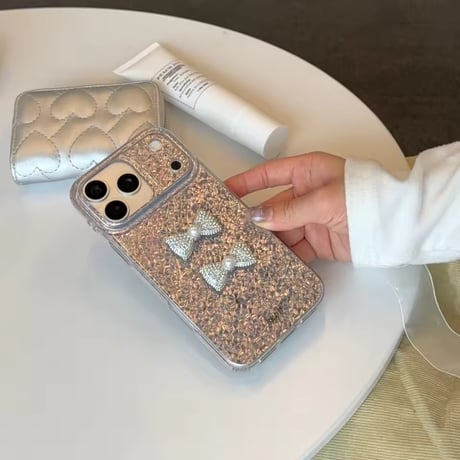 S75339 ダブルパールリボン グリッターiPhoneケース