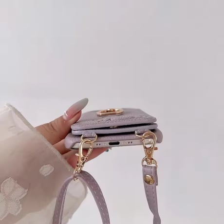 K22961 ねこモチーフ ミラー＆カードポケット付き iPhoneケース（ストラップ付き）