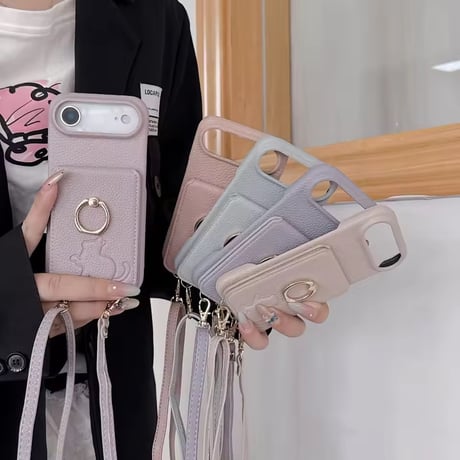 K22961 ねこモチーフ ミラー＆カードポケット付き iPhoneケース（ストラップ付き）