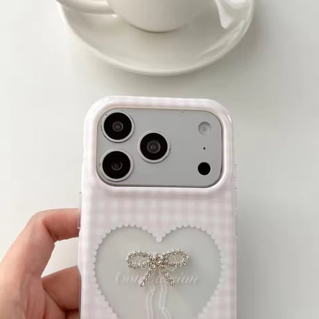 S75671 ギンガムハートリボンチャーム付き iPhoneケース