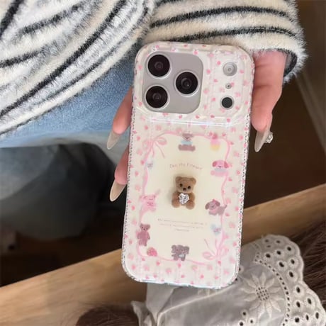 S75371 くまちゃん付き 小花リボンiPhoneケース
