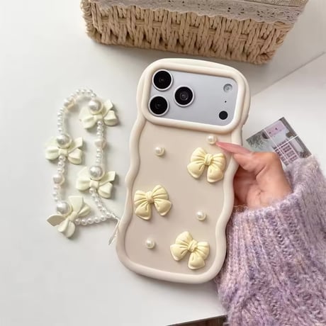 S75502 立体リボンパールストラップiPhoneケース