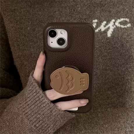K22692 たい焼きグリップ付きレザー風iPhoneケース