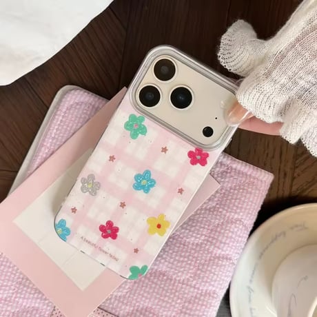S75643 カラフルフラワーチェックiPhoneケース
