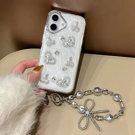 K22695 ビジューハートチェリーストラップ付きiPhoneケース