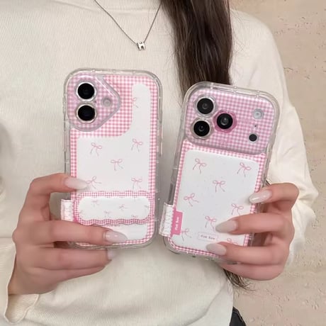 K23123 ピンクリボンチェック スタンドiPhoneケース