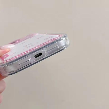 K23123 ピンクリボンチェック スタンドiPhoneケース