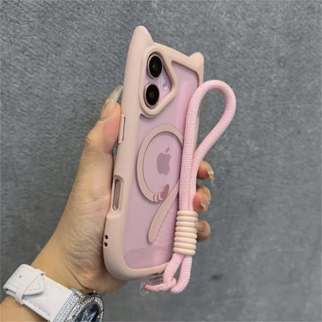 K66221 Cat Ears Strap iPhone Case（猫耳ストラップ付きクリアケース）