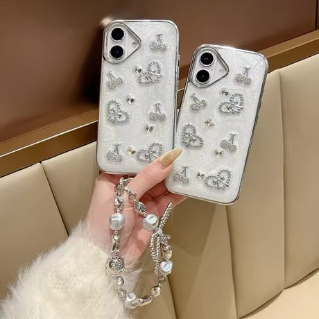 K22695 ビジューハートチェリーストラップ付きiPhoneケース