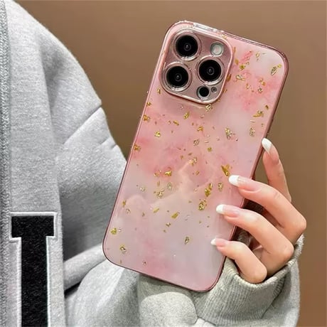 S74310 ピンクマーブル×金箔グリッターケース