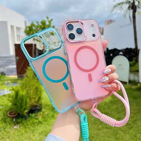 K22872 カラフルMagSafe対応クリアiPhoneケース（ストラップ付き）