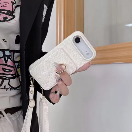 K22961 ねこモチーフ ミラー＆カードポケット付き iPhoneケース（ストラップ付き）