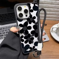 K23138 モノクロフラワー ストラップ付きiPhoneケース