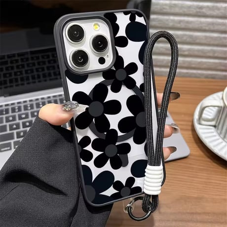 K23138 モノクロフラワー ストラップ付きiPhoneケース