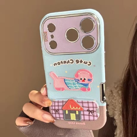 K23051 キャラクター刺繍風スタンド付きiPhoneケース