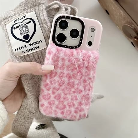 S75223 ふわもこヒョウ柄ファーiPhoneケース