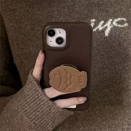 K22692 たい焼きグリップ付きレザー風iPhoneケース
