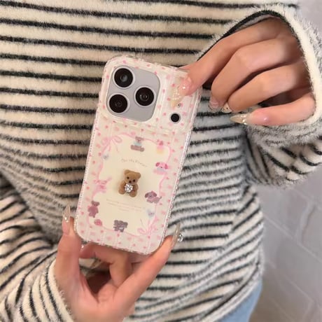S75371 くまちゃん付き 小花リボンiPhoneケース