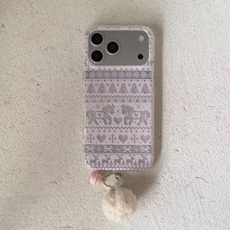 S75229 ふわふわチャーム付きノルディック馬柄 ニット風iPhoneケース