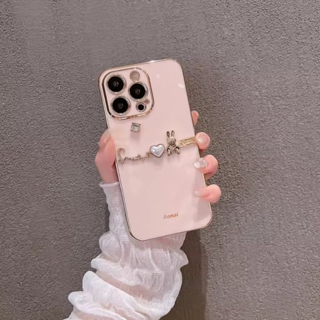 S74640 きらきらハートとうさぎのビジューiPhoneケース