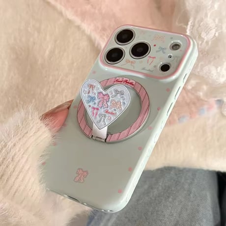 K23080 リボンハート MagSafeグリップ付きガーリーiPhoneケース