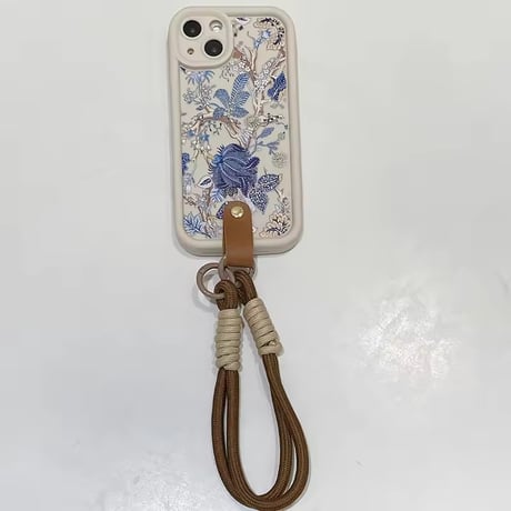 K22928 ブルーボタニカル柄 ストラップ付き iPhoneケース