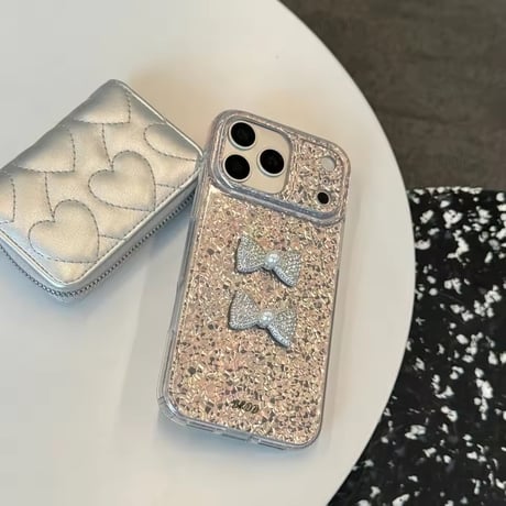 S75339 ダブルパールリボン グリッターiPhoneケース