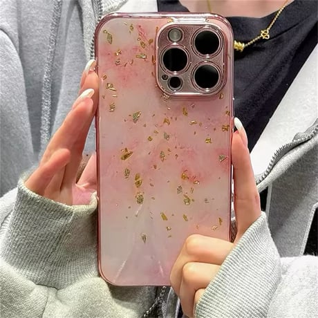 S74310 ピンクマーブル×金箔グリッターケース