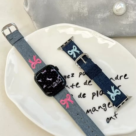 N00151 リボン刺繍デニム Apple Watchバンド