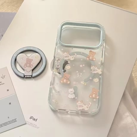 K23134 くまねこハート MagSafeグリップ付きiPhoneケース