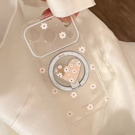 K23081 フラワーハートMagSafeグリップ付きクリアiPhoneケース
