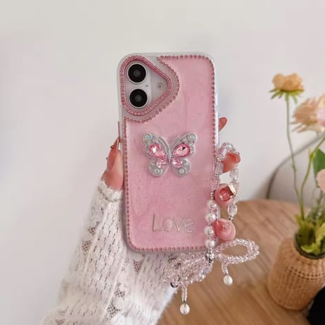 K22755 きらめきバタフライ×ビジューストラップ iPhoneケース