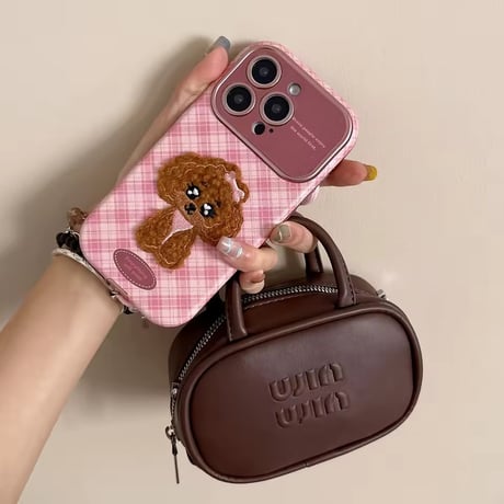 K23014 もこもこベア チェック柄ストラップ付き iPhoneケース