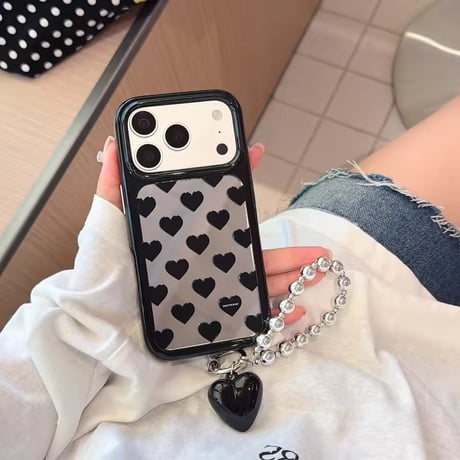 K23171 ブラックハートミラーストラップ付きiPhoneケース