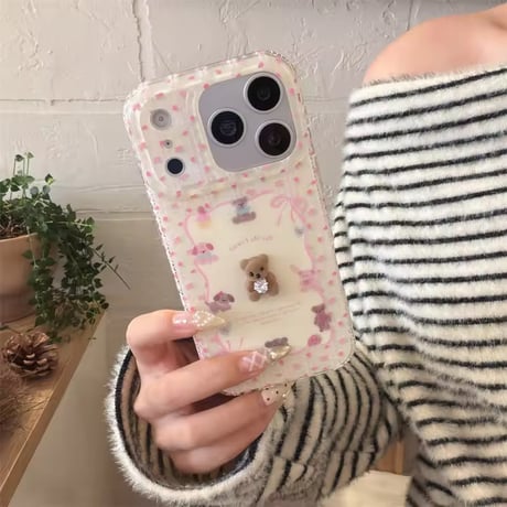 S75371 くまちゃん付き 小花リボンiPhoneケース